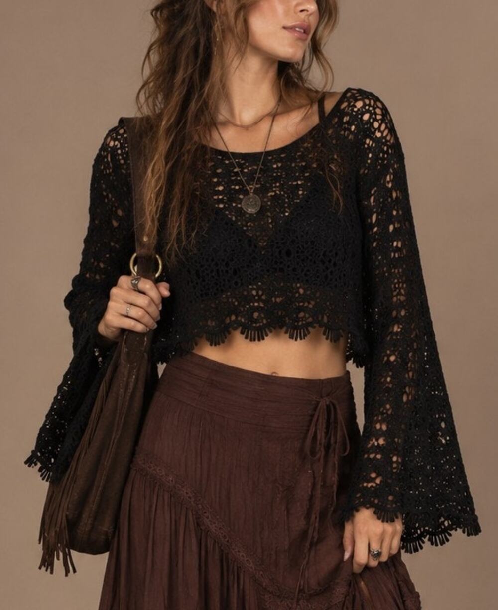 Womens Whimsigoth Open Knit Crochet Crop Top Size S/M Black Witchy 90s Romantic